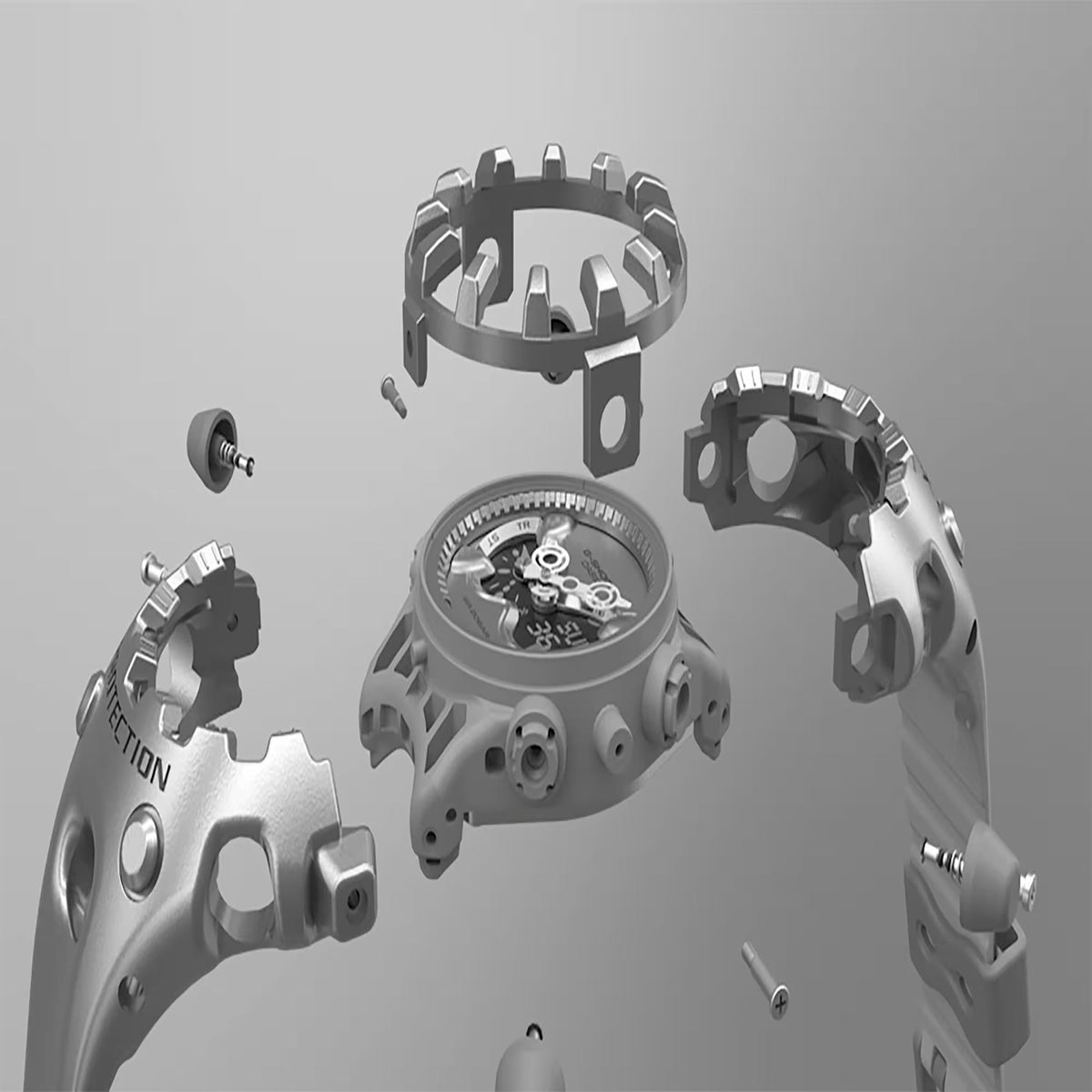 Casio G-Shock GA-V01 watch parts display showing detached components