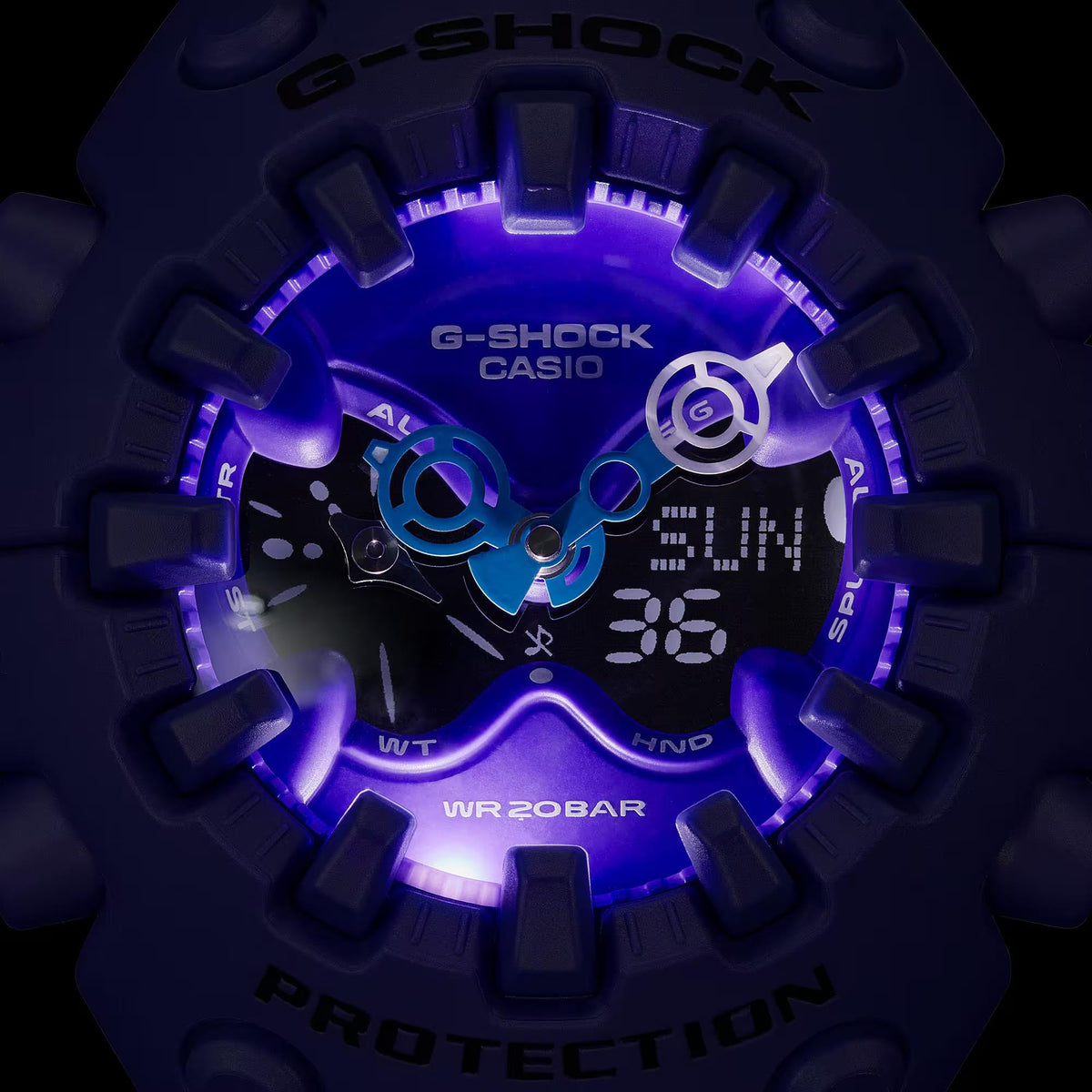 Purple resin G-Shock-style quartz watch with multi-function dial and teal accents