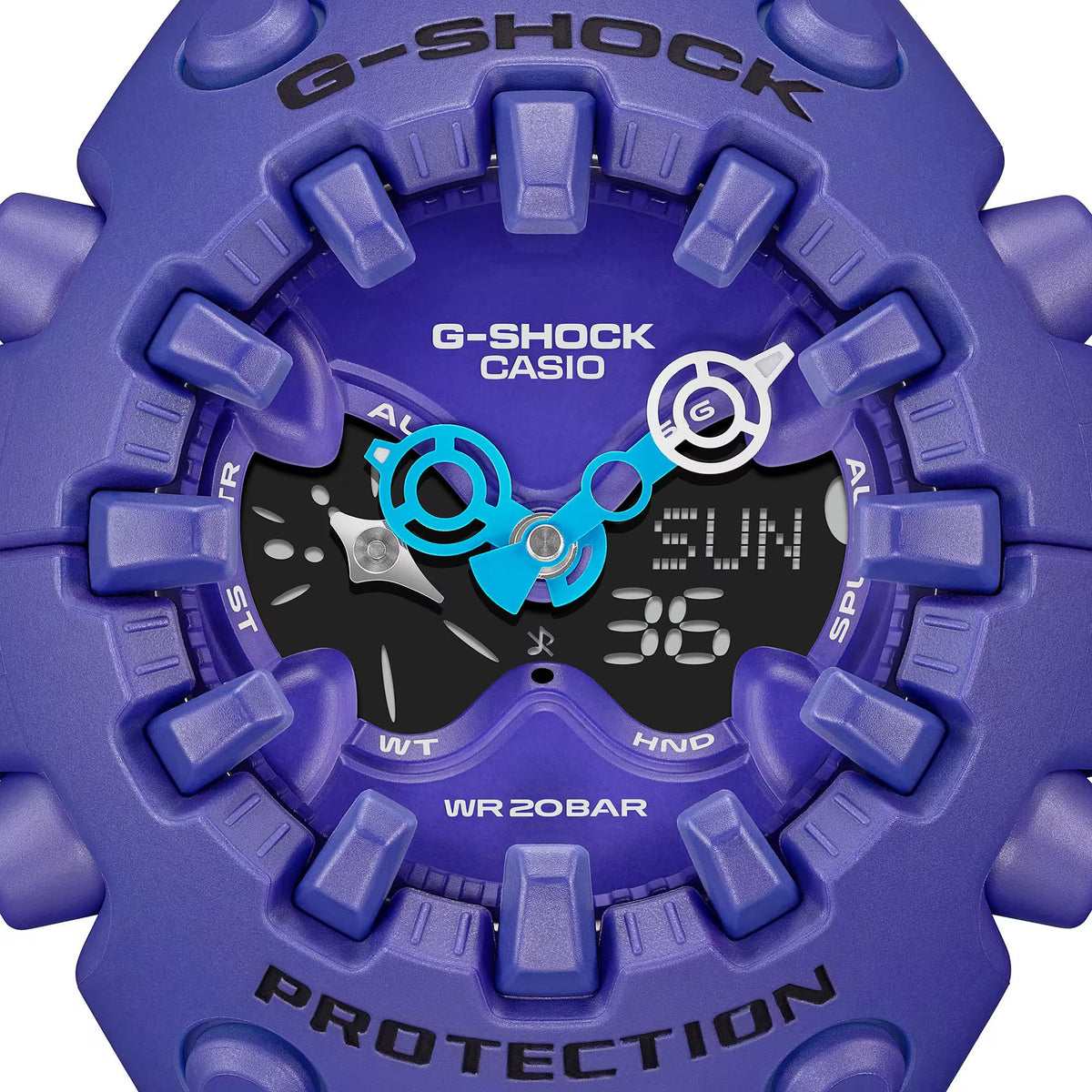 Purple resin watch face with digital-analog hands, teal details, and WR20BAR text