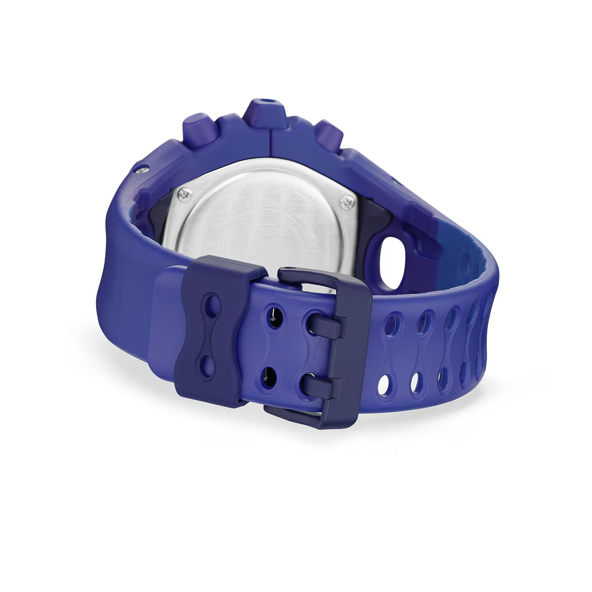 Purple resin watch with clasp and buckle, rear view of the caseback