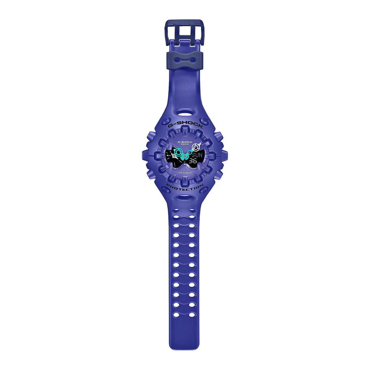 Purple resin strap watch standing upright with dark digital-analog dial