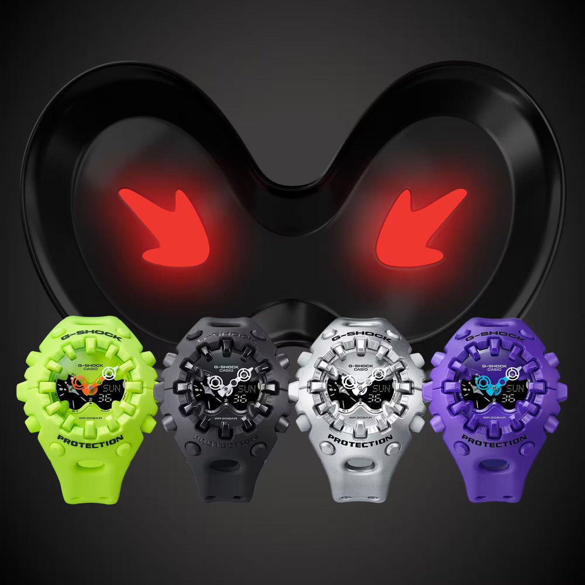 Assorted resin G-Shock-style watches with different strap colors, including a purple one