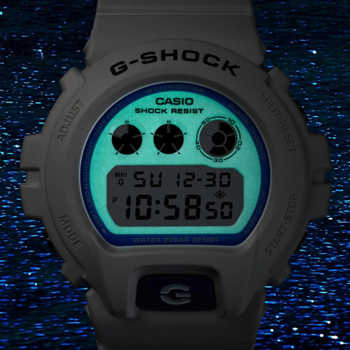 Casio G-Shock DW-6900HDS-7ER full face bright green EL backlight illumination close up