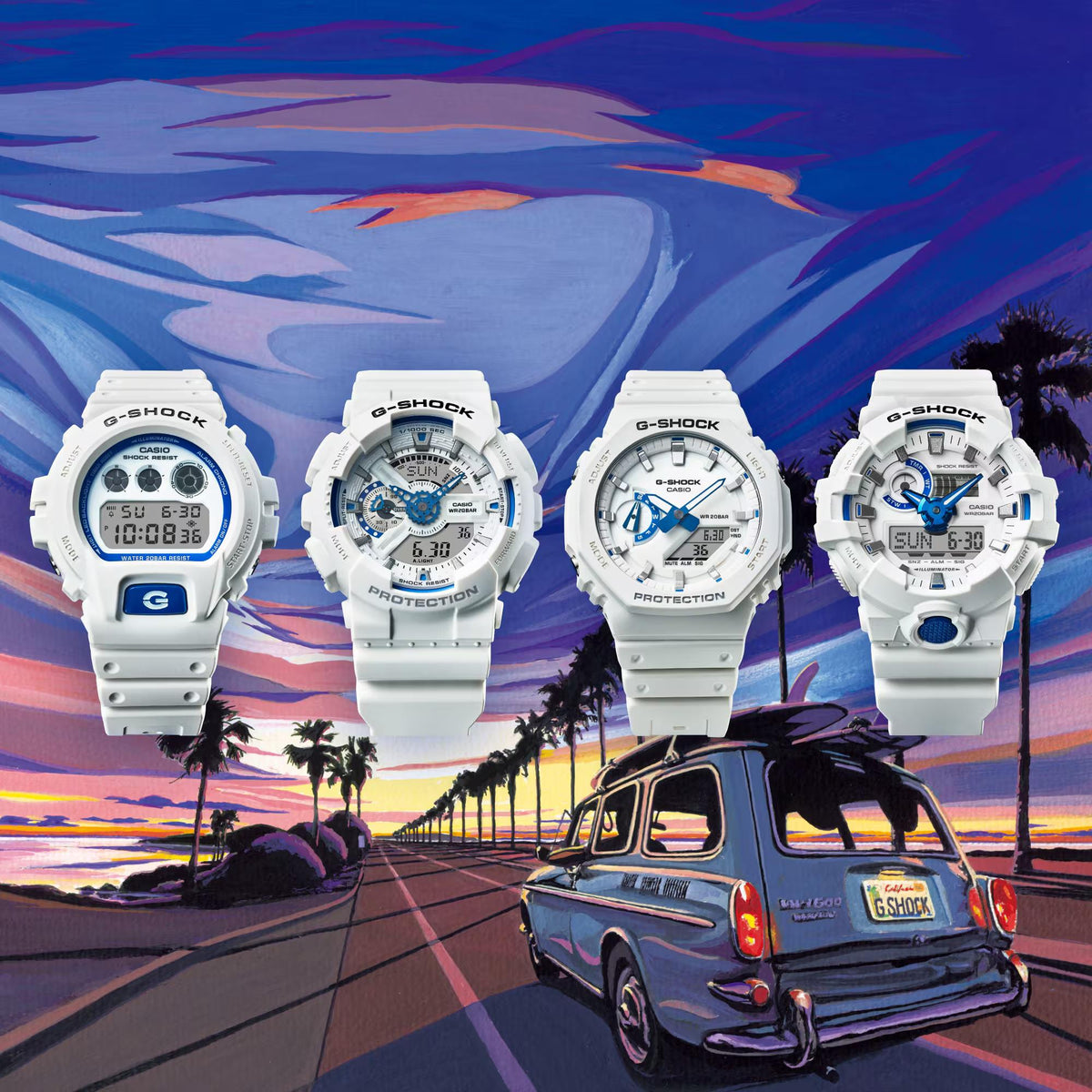 Casio G-Shock DW-6900HDS-7ER white and blue surf series collection group shot