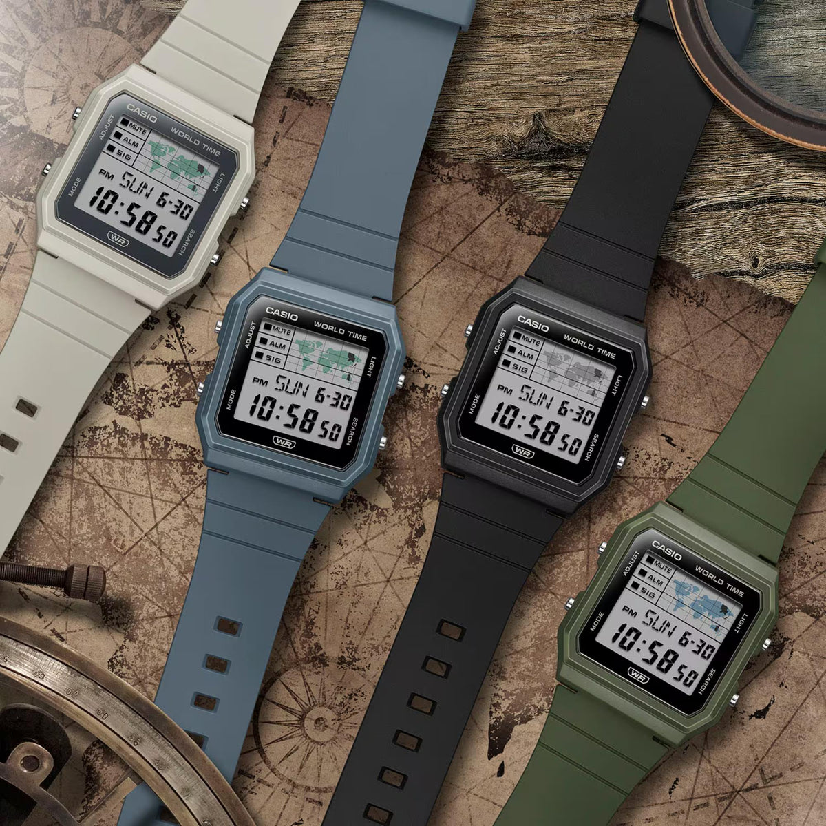 Casio Vintage LF-30W color variations group view including off-white, blue, black, and olive green