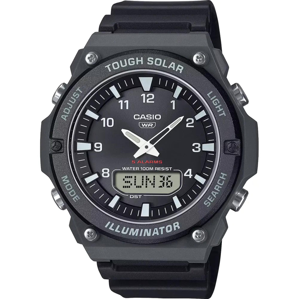 Front view of Casio Tough Solar Power Digi-Analogue men's watch AQ-S820W-1AVEF with black dial and resin strap 