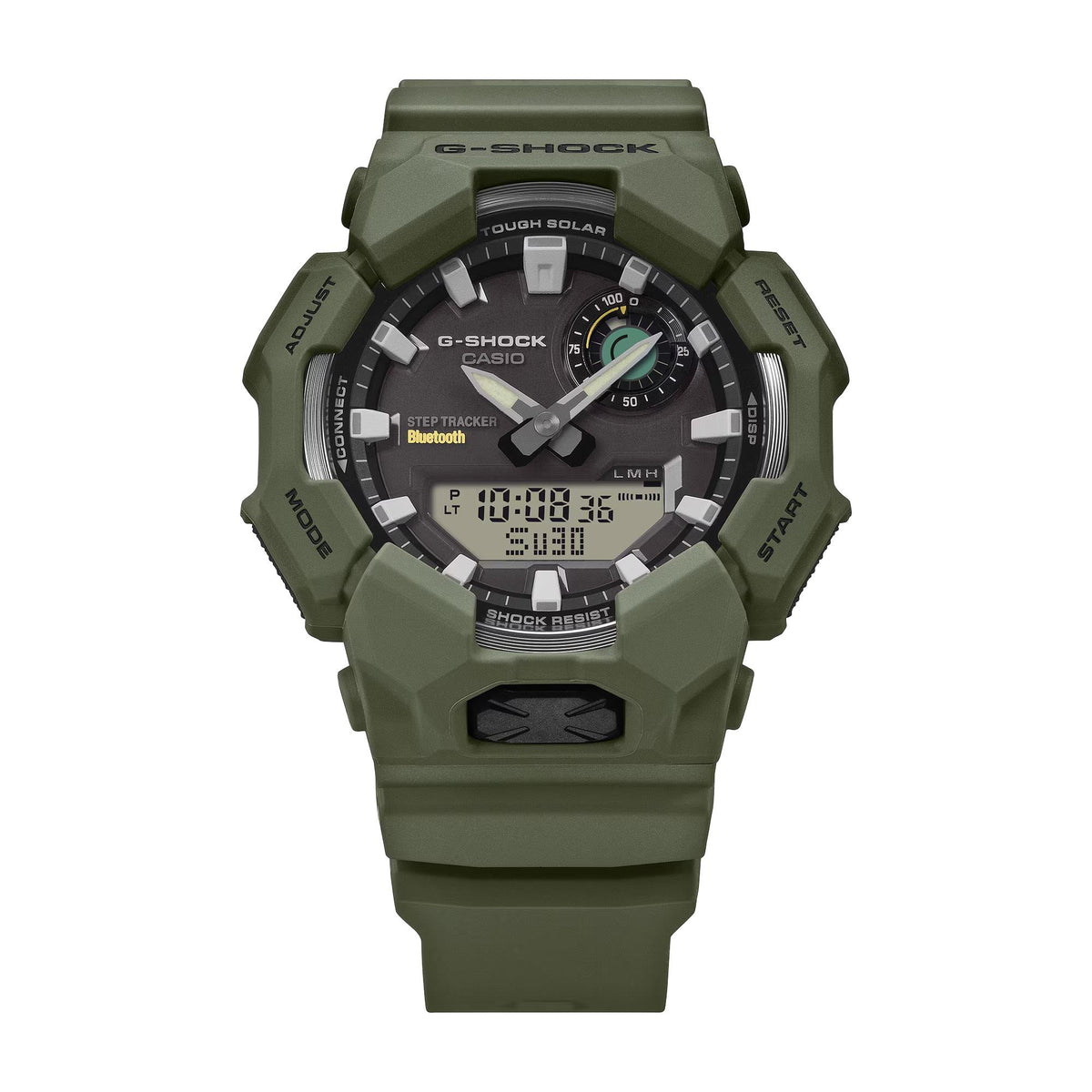 Green resin G-Shock men’s solar Bluetooth watch with round dark multi-dial face