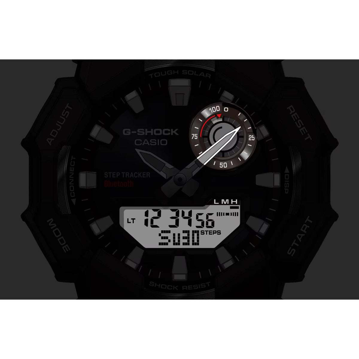 G-Shock watch face close-up showing red-tinted bezel indicator and digital steps