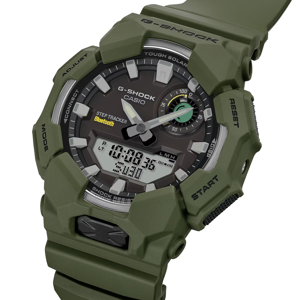 Green G-Shock men’s solar Bluetooth watch with textured resin strap and round bezel