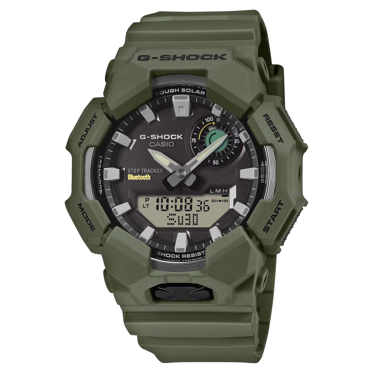 Green G-Shock men’s solar Bluetooth watch with round dark dial and digital readout