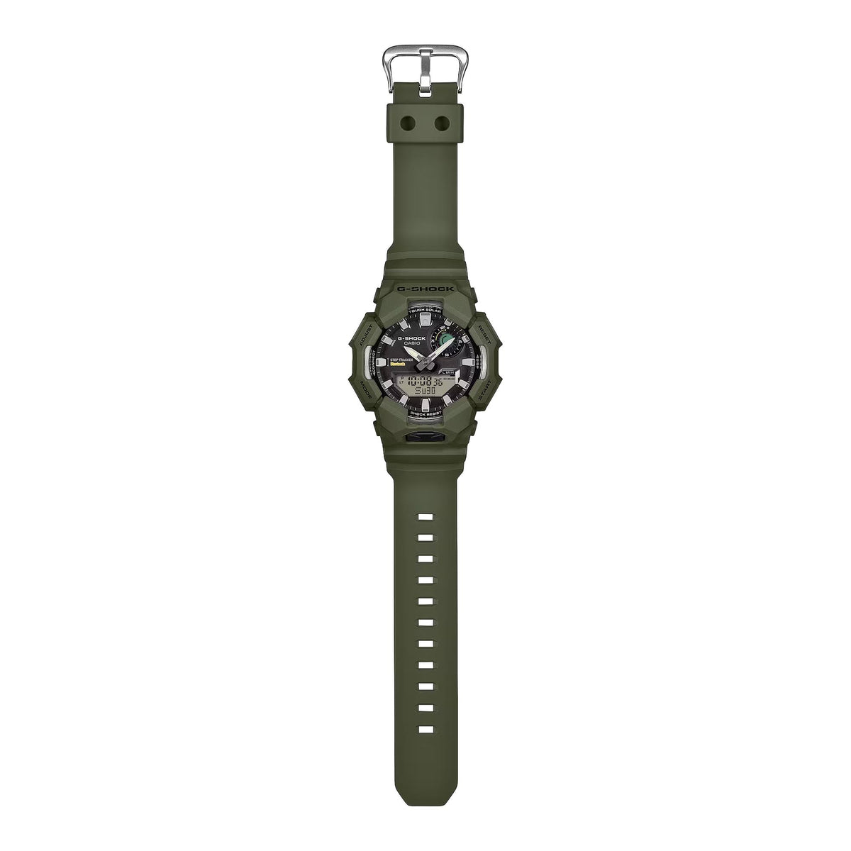 Green resin-strap digital-analog wristwatch with round bezel and black dial detail