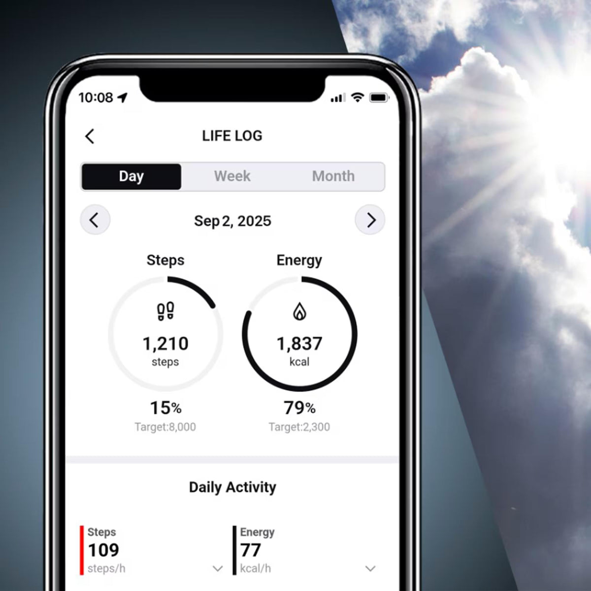 Phone screen showing watch Life Log with steps and energy statistics