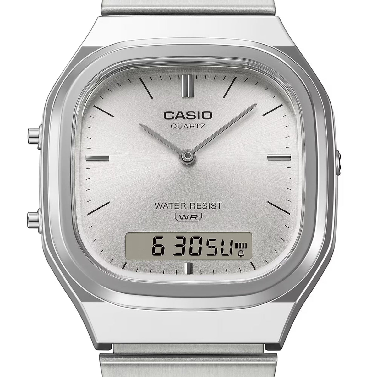 Silver Casio quartz watch face with analog hands, digital time, and water resist WR