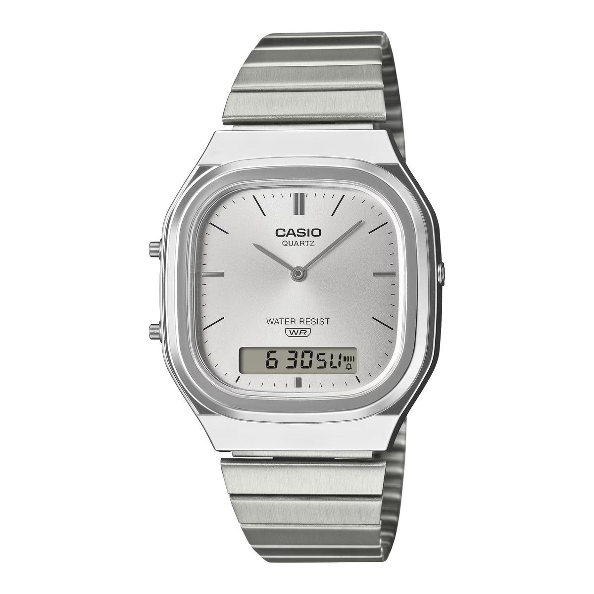 Silver Casio quartz wristwatch with metal bracelet, light dial, and digital time window