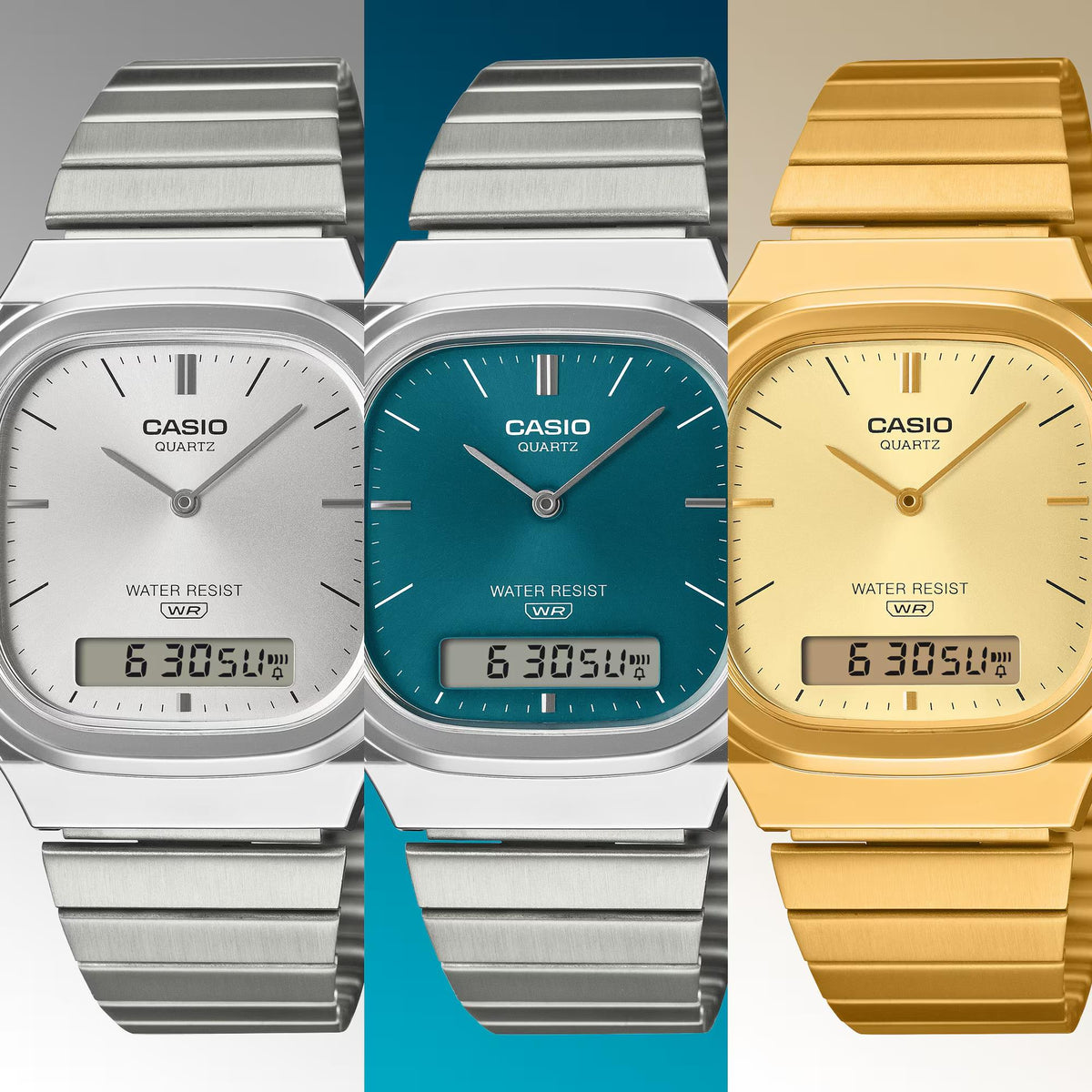 Collage of Casio quartz watches: silver, teal, and gold metal bands with digital displays