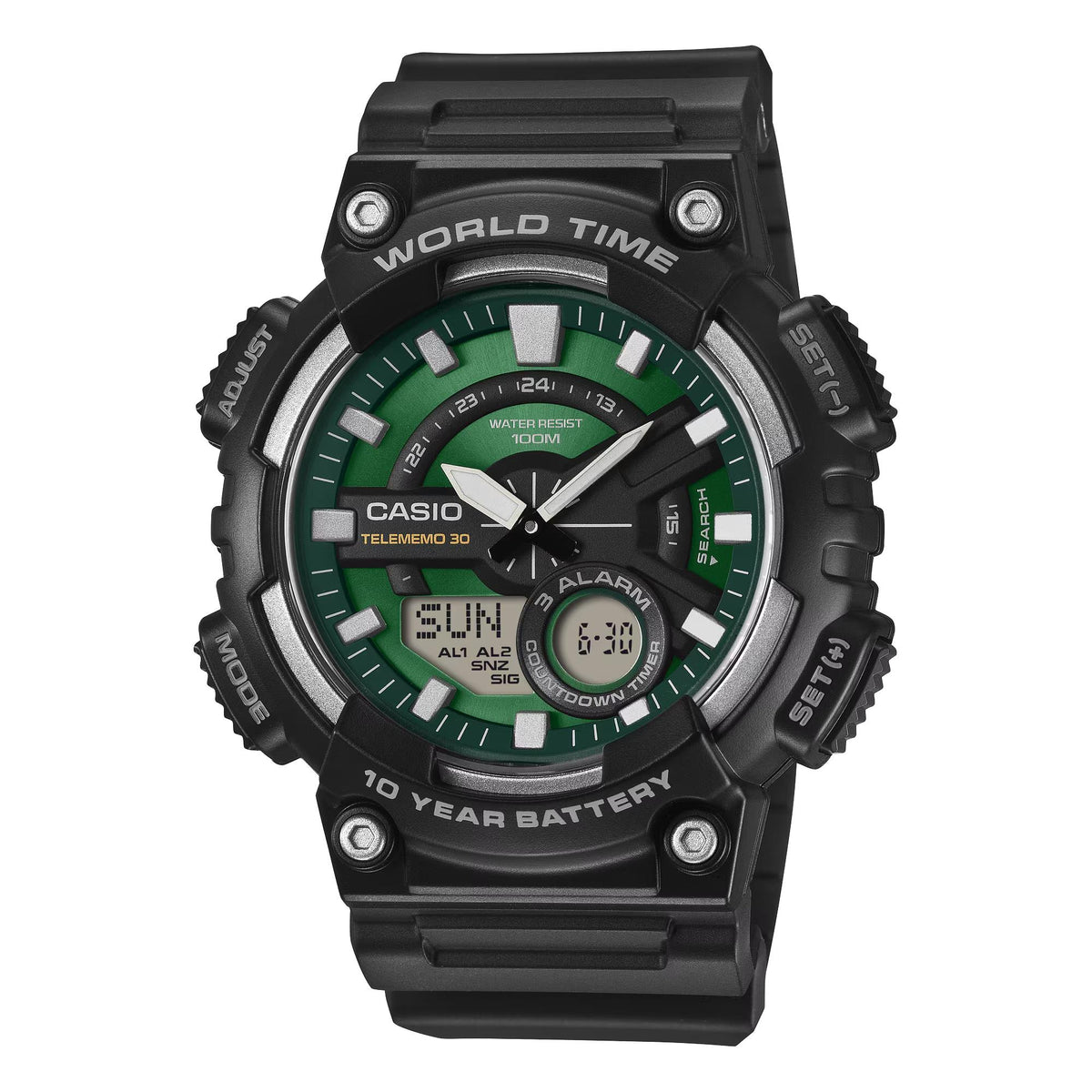 Casio Green Face Series AEQ-110W-3A2VEF green dial and black bezel front view