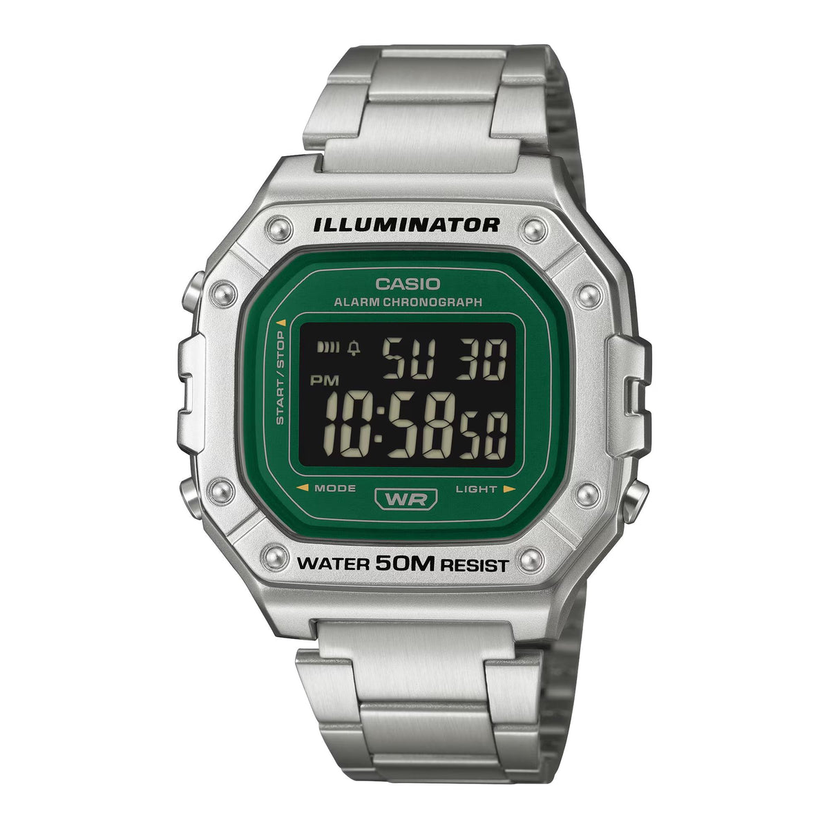 Casio Green Face Series W-218HD-3AVEF front view detailing the digital display, vibrant green dial border, and stainless steel case and link strap