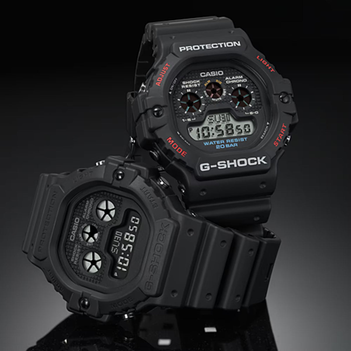 Men's black digital resin watch with chunky case and side buttons, 20 bar water resist