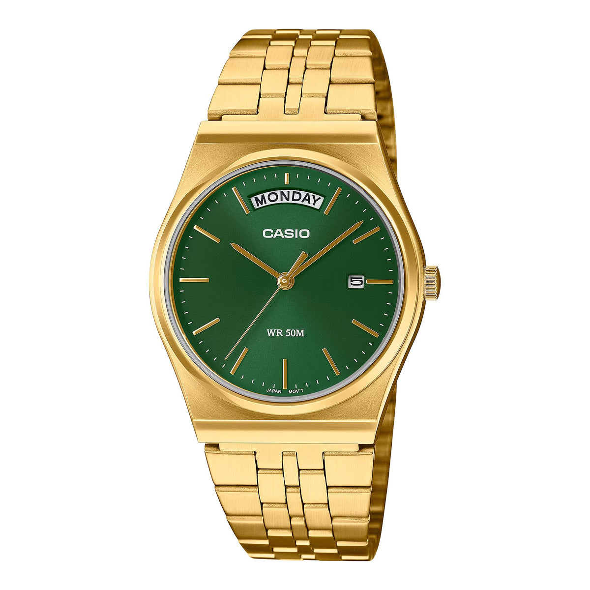 Casio MTP-B146G-3AVEF front view detailing the green dial, date window, and gold-toned case and steel strap