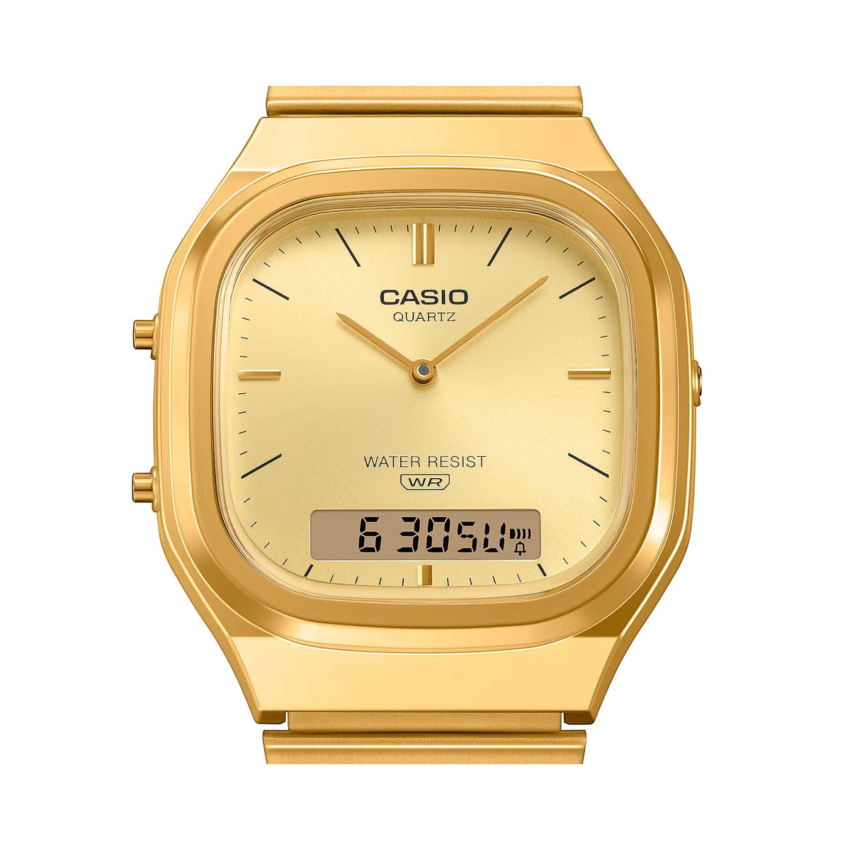 Casio Vintage AQ-240EG-9AEF gold dial case front view close up