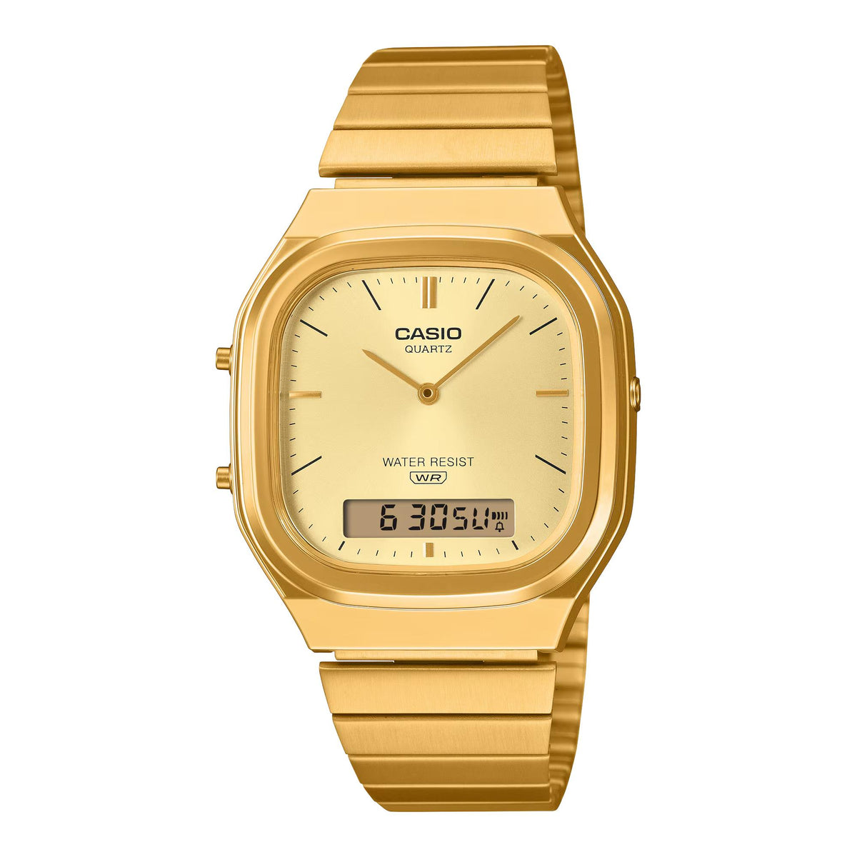 Casio Vintage AQ-240EG-9AEF gold dial three-quarters angled view