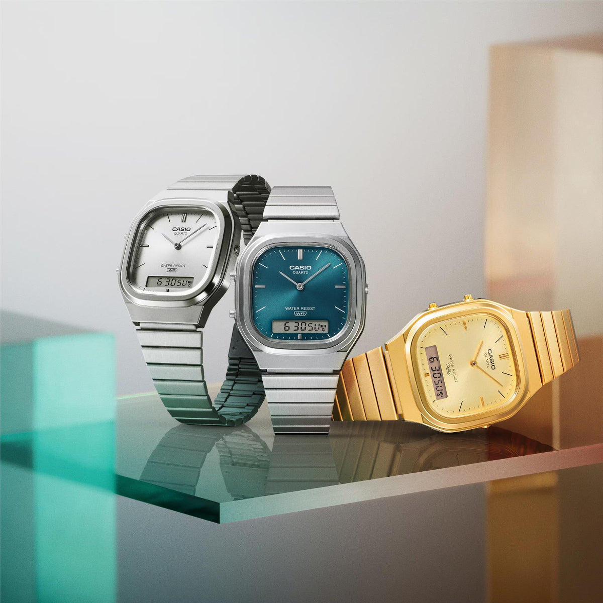 Casio Vintage collection display featuring silver, teal, and gold colorways