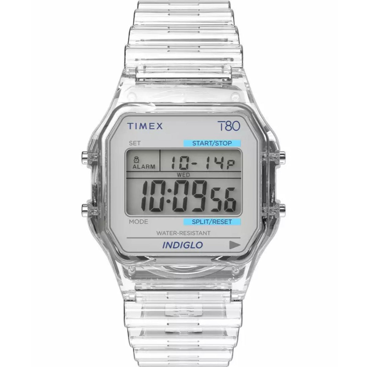 Clear digital resin quartz watch with blue “T80” markings and rectangular LCD display