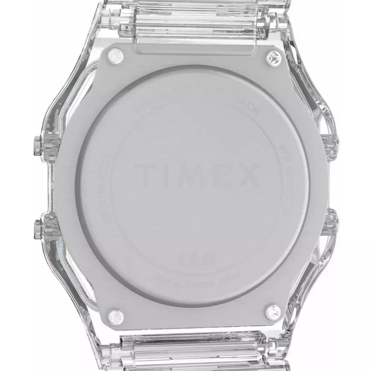 Transparent digital resin quartz watch caseback with round center and four screws