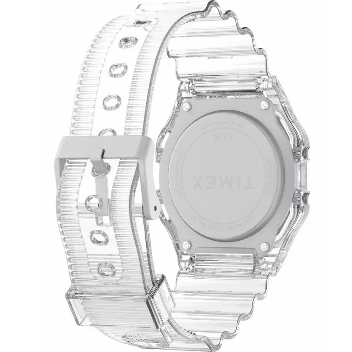Transparent digital resin quartz watch side and caseback with ribbed resin band