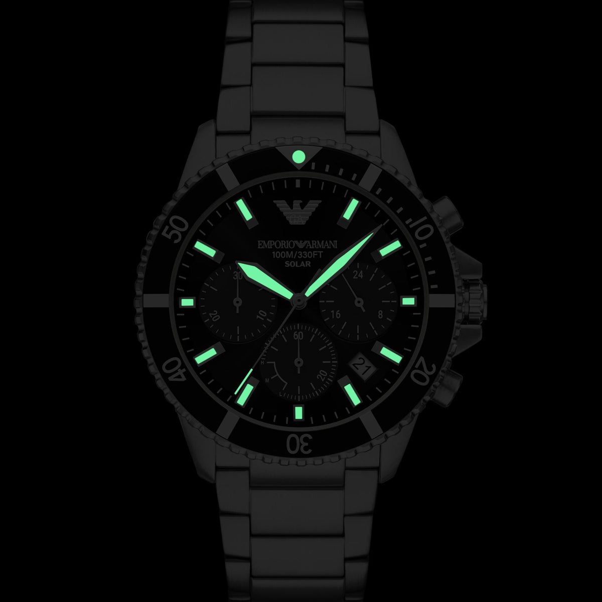 Emporio Armani AR11739 watch in the dark highlighting the luminescent hands and hour indices