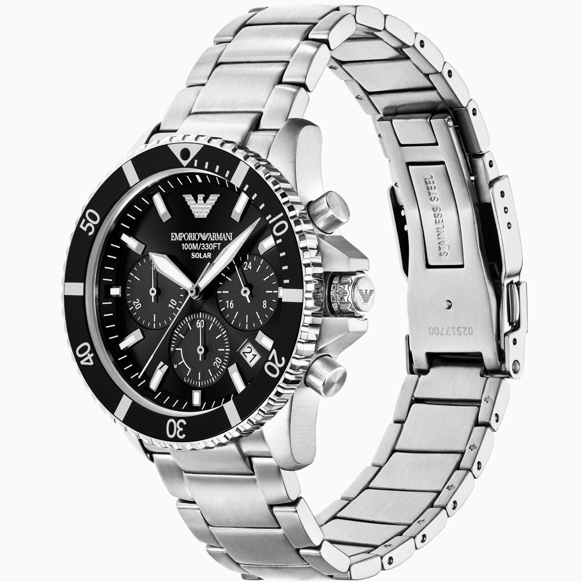Angled view of Emporio Armani AR11739 watch displaying the open deployment clasp mechanism and full stainless steel bracelet loop