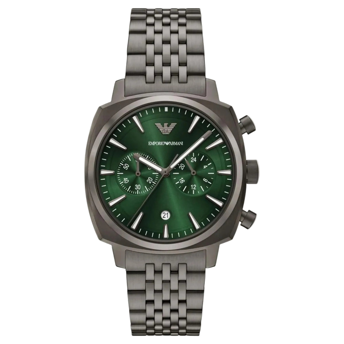 Front view of Emporio Armani AR11689 watch showcasing its dark green chronograph dial, cushion-shaped gunmetal case, and fine multi-link steel bracelet