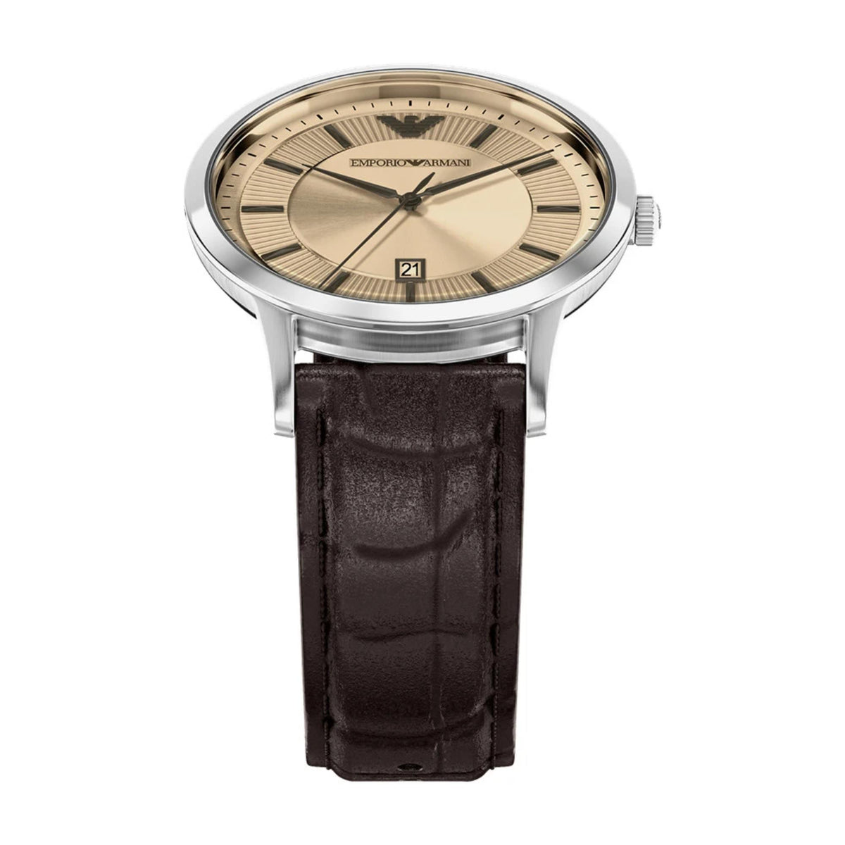 Emporio Armani AR11783 watch emphasizing the top portion of the brown leather strap and the circular champagne dial