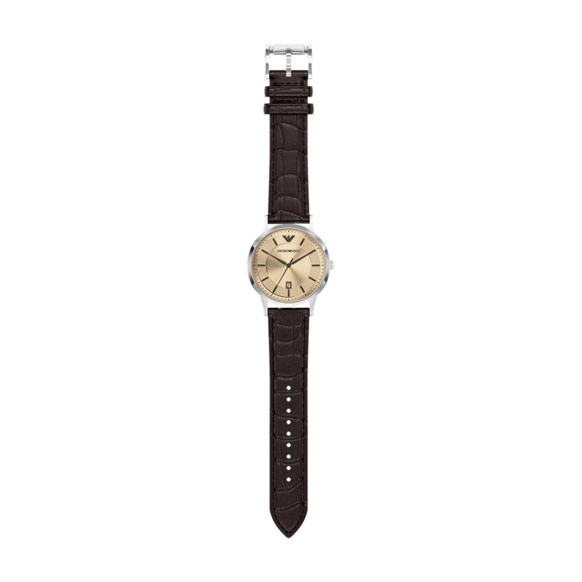 Emporio Armani AR11783 watch laid out completely flat to show the entire length of the dark brown leather strap and dial face