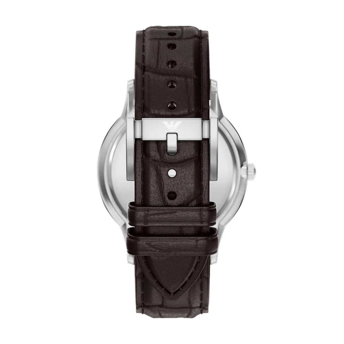 Emporio Armani AR11783 watch focusing on the silver-tone buckle clasp fastened securely against the dark brown leather strap