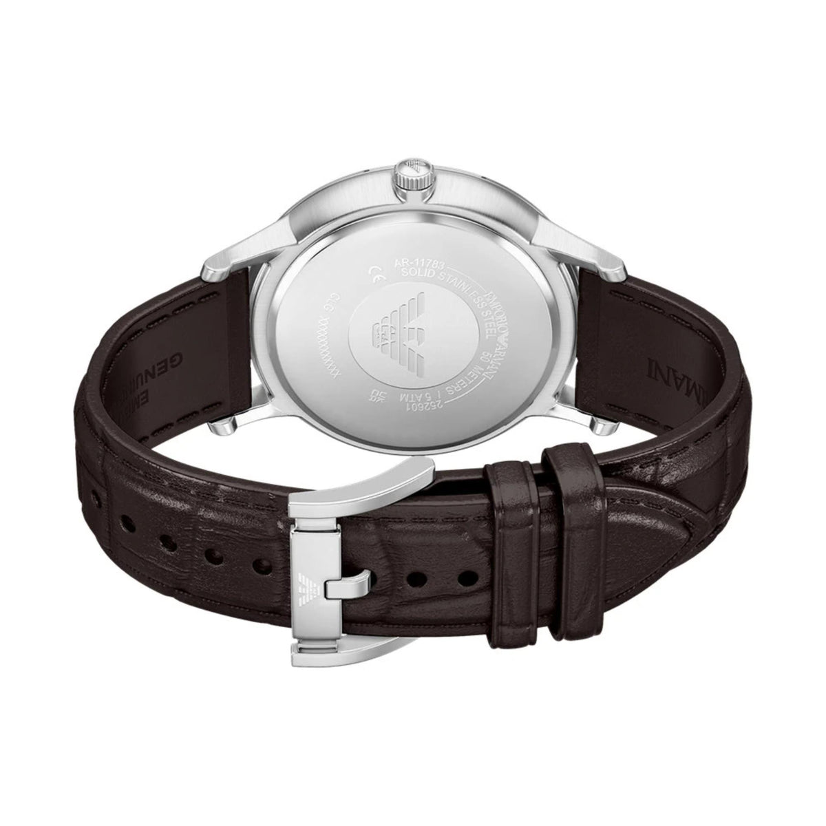 Emporio Armani AR11783 watch to reveal the polished solid steel caseback and inner strap texture
