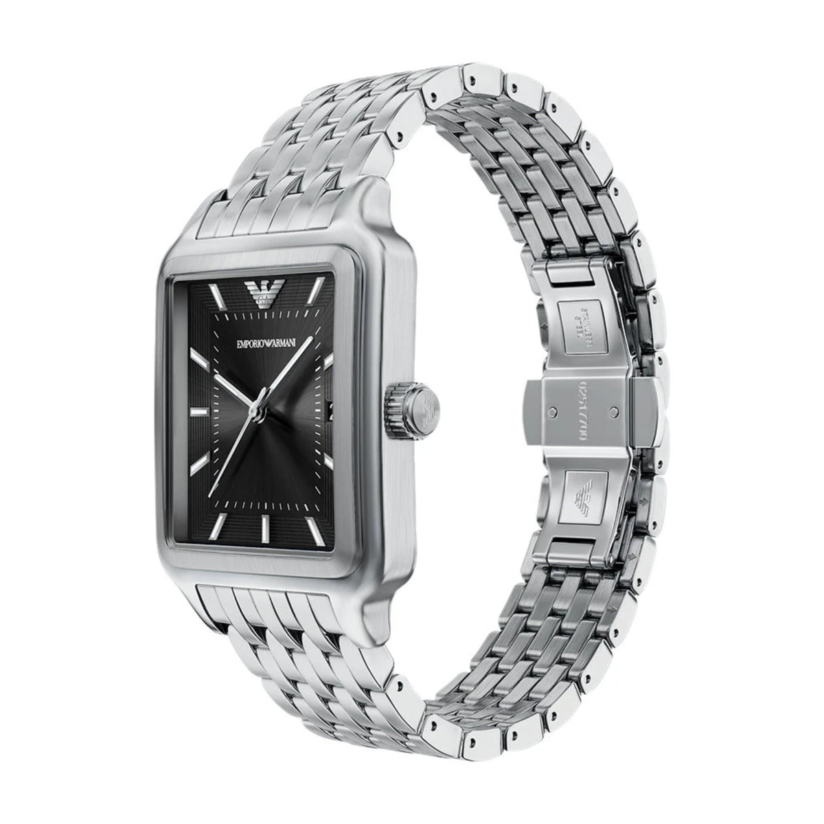 Emporio Armani AR11755 watch displaying its rectangular case profile and the side of the silver steel bracelet loop
