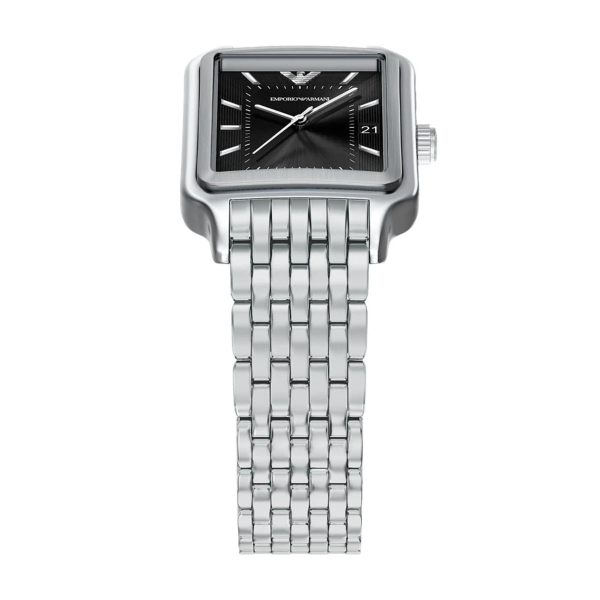 Emporio Armani AR11755 watch emphasizing the top portion of the multi-link silver steel bracelet and the rectangular black dial