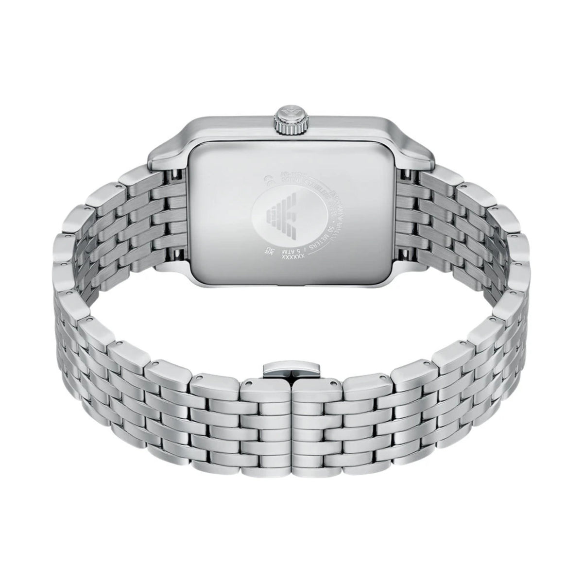 Rear view looking inside the closed loop of Emporio Armani AR11755 watch to reveal the polished solid steel caseback and inner bracelet texture