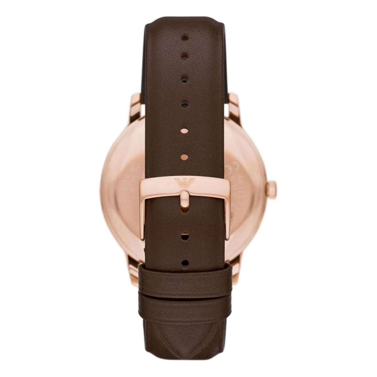 Emporio Armani AR11572 watch focusing on the rose gold-tone buckle clasp fastened securely against the brown leather strap