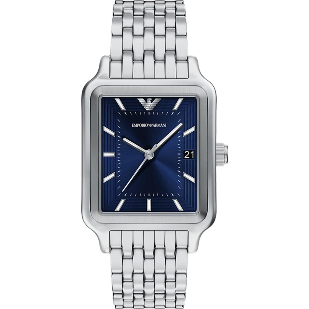 Emporio Armani Diego AR11754 front view showing blue dial with silver steel case and multi-link bracelet