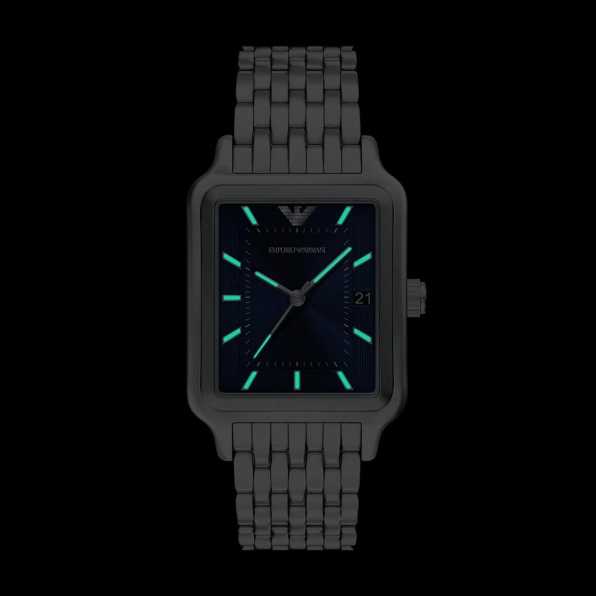 Emporio Armani Diego AR11754 dark view displaying luminous green hands and hour markers on blue dial
