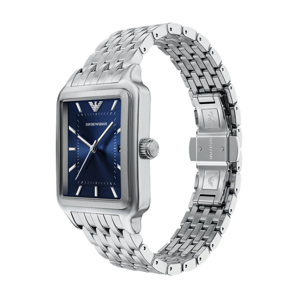 Emporio Armani Diego AR11754 angled side perspective showcasing rectangular steel case profile and deployment clasp