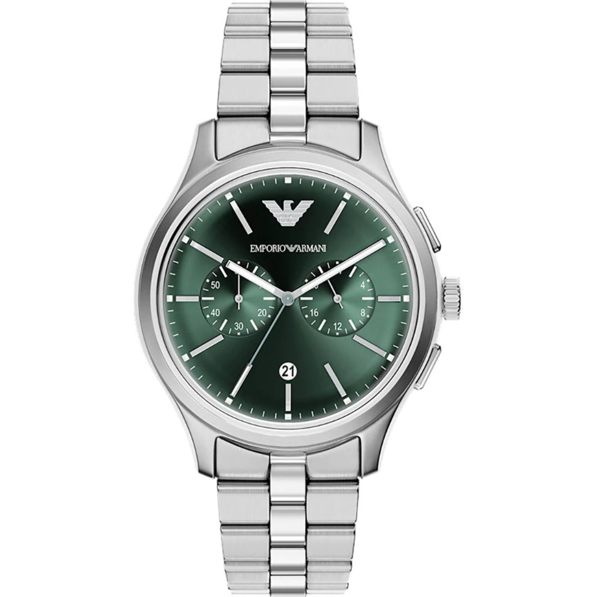 Emporio Armani Dario AR11746 green dial chronograph watch front view