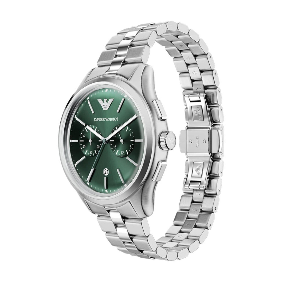 Emporio Armani Dario AR11746 stainless steel case and side profile with butterfly clasp bracelet detail