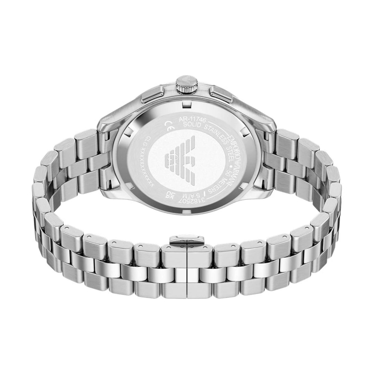 Emporio Armani Dario AR11746 case back detailing water resistance, model code, and engraved eagle logo