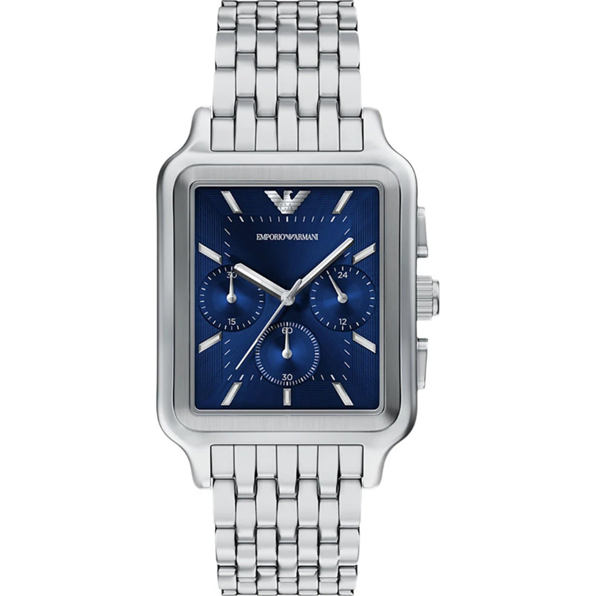 Front view of the Emporio Armani AR11750 watch with a rectangular steel case, blue chronograph dial, and multi-link steel bracelet