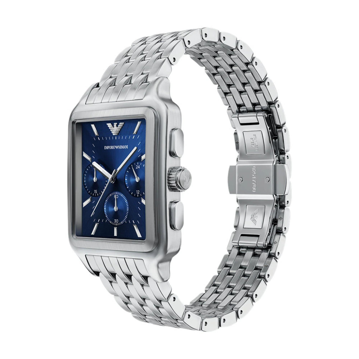 Angled view showing the rectangular case profile, side pushers, and steel bracelet loop