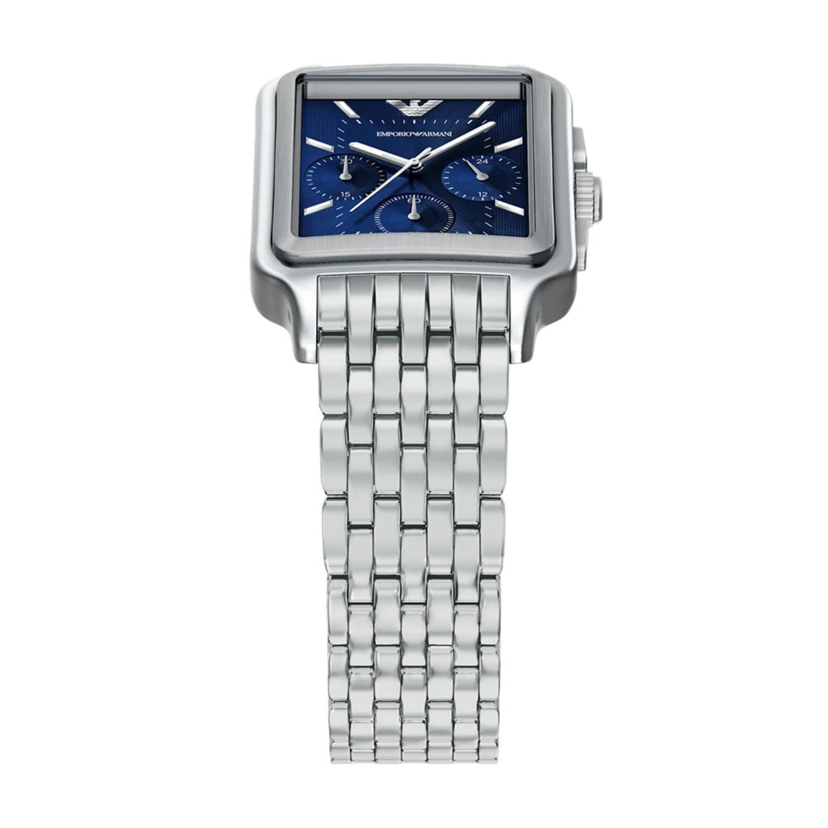 Angled top-down view focusing on the upper steel bracelet and blue dial