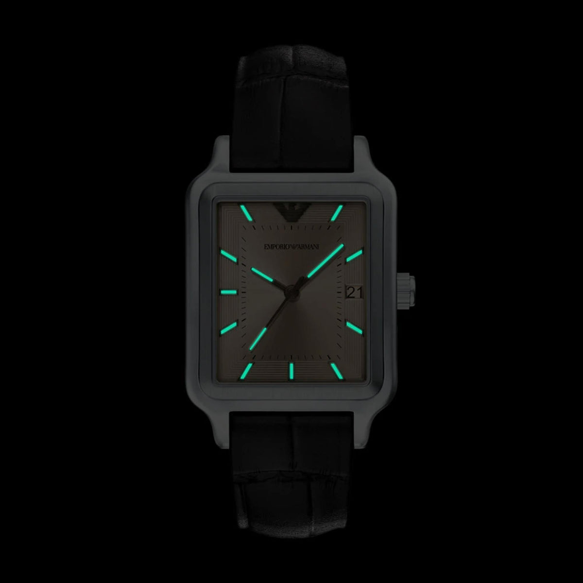 Emporio Armani Diego AR11756 dark view displaying green luminous hour markers on beige dial